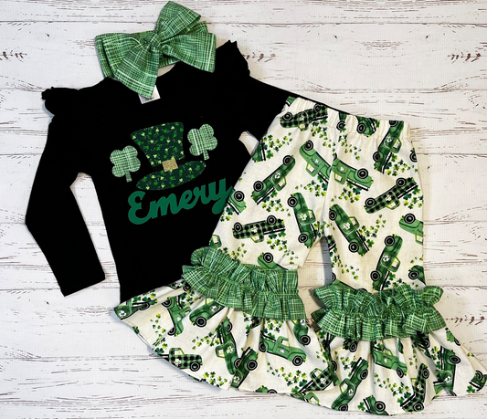 (Custom Design Preorder MOQ 5) Green Quatrefoil Truck Print Girls St. Patrick's Clothes Set