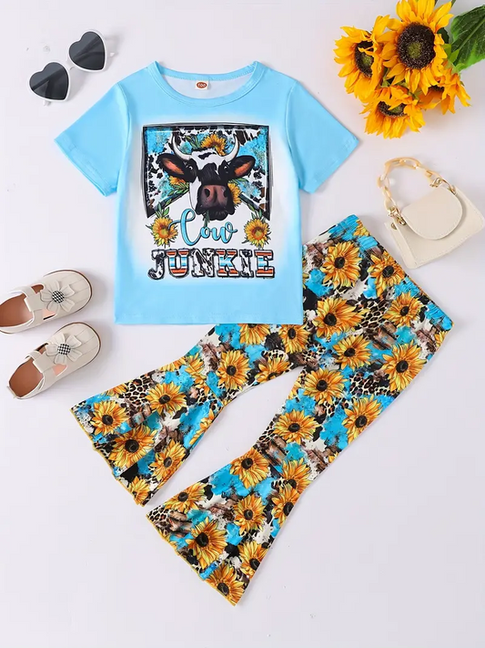 (Custom Design Preorder MOQ 5) Cow Sunflowers Leopard Print Bell Pants Girls Clothes Set