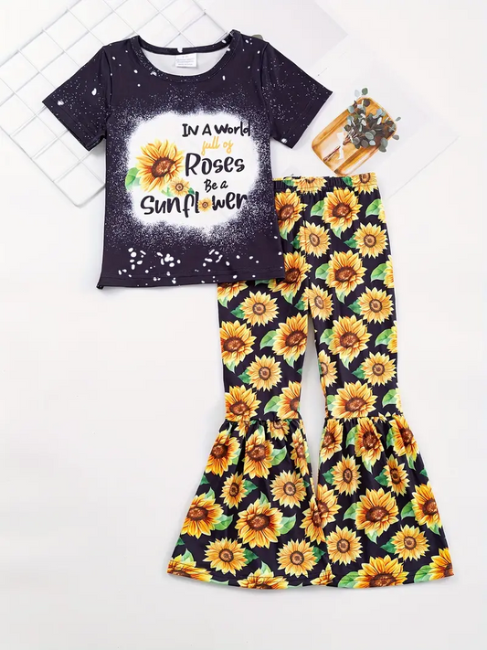 (Custom Design Preorder MOQ 5) Sunflowers Print Bell Pants Girls Clothes Set