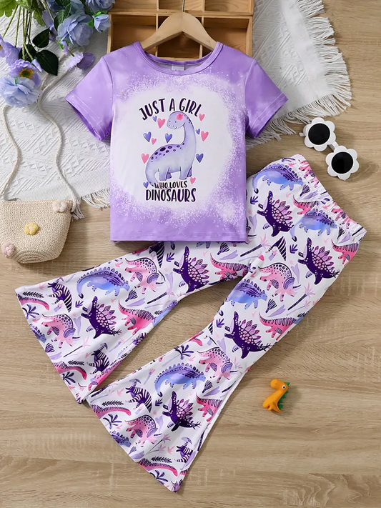 (Custom Design Preorder MOQ 5) Purple Dino Print Bell Pants Girls Clothes Set