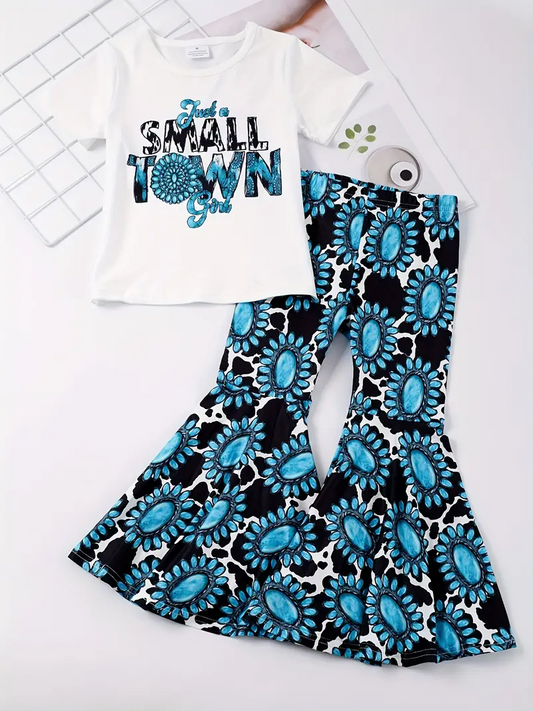 (Custom Design Preorder MOQ 5) Just A Small Town Girl Turquoise Print Bell Pants Girls Clothes Set