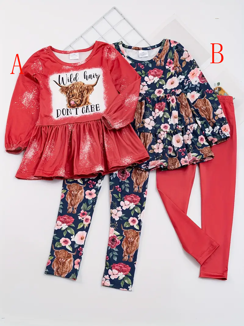 (Custom Design Preorder MOQ 5) #A Highland Cow Flowers Print Girls Clothes Set