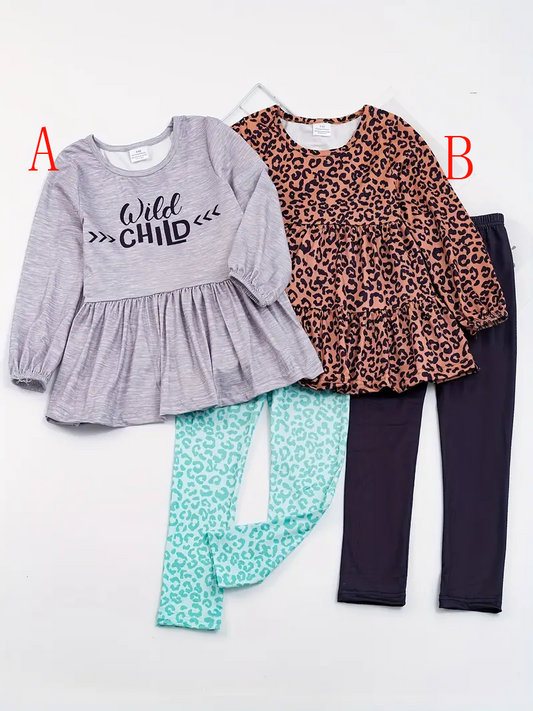 (Custom Design Preorder MOQ 5) #A Wild Child Grey Tunic Top Leopard Legging Pants Girls Clothes Set