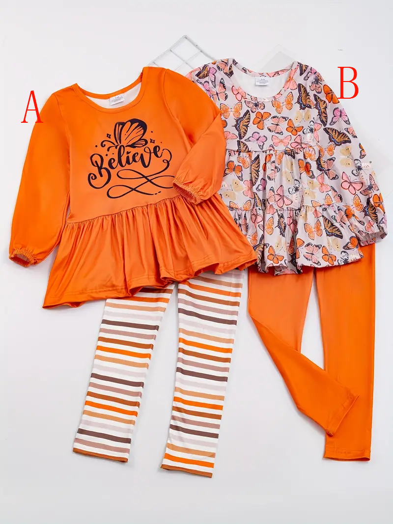 (Custom Design Preorder MOQ 5) #A Believe Orange Tunic Top Stripes Legging Pants Girls Clothes Set
