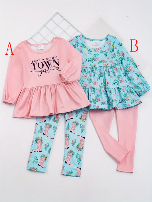 (Custom Design Preorder MOQ 5) #B Flowers Tunic Top Pink Legging Pants Girls Clothes Set