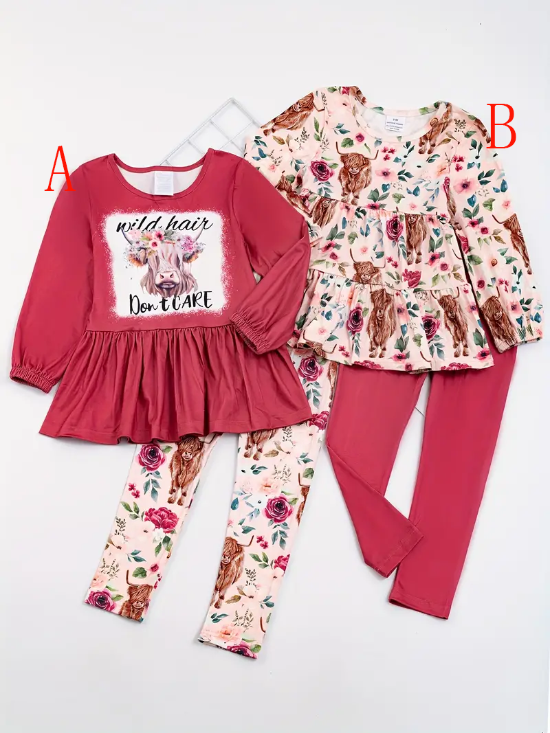 (Custom Design Preorder MOQ 5) #A Highland Cow Tunic Top Flowers Legging Pants Girls Clothes Set