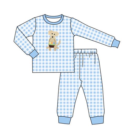 (Custom Design Preorder MOQ 5) Blue Plaid Dog Egg Print Boys Easter Pajamas Clothes Set