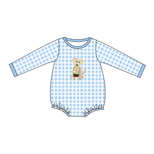 (Custom Design Preorder MOQ 5) Blue Plaid Dog Egg Print Baby Boys Easter Bubble Romper
