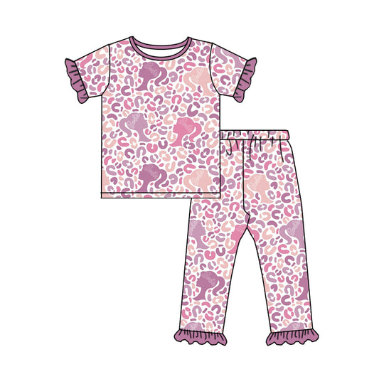 (Custom Design Preorder MOQ 5) Pink BA Leopard Print Girls Pajamas Clothes Set