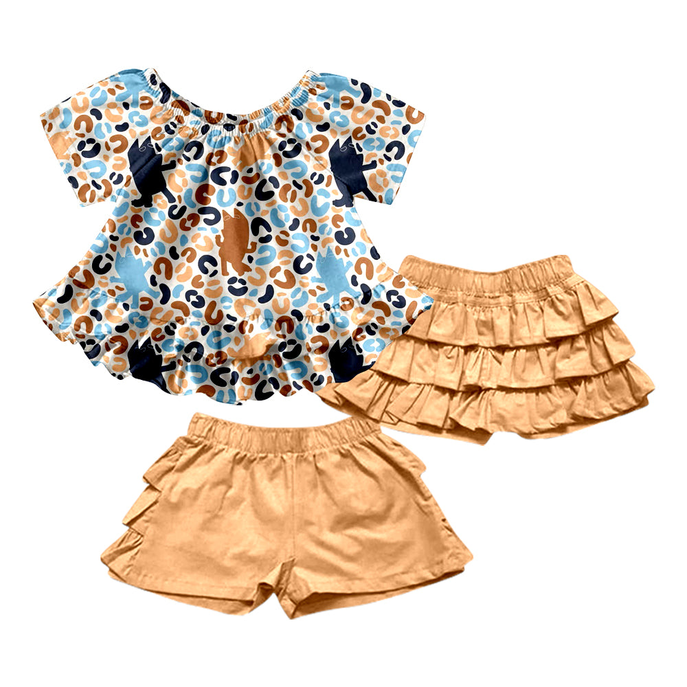 (Custom Design Preorder MOQ 5) Cartoon Dog Leopard Print Girls Ruffles Shorts Clothes Set
