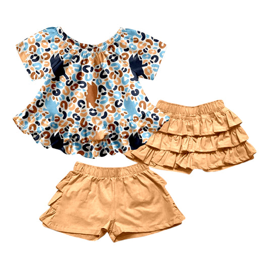 (Custom Design Preorder MOQ 5) Cartoon Dog Leopard Print Girls Ruffles Shorts Clothes Set