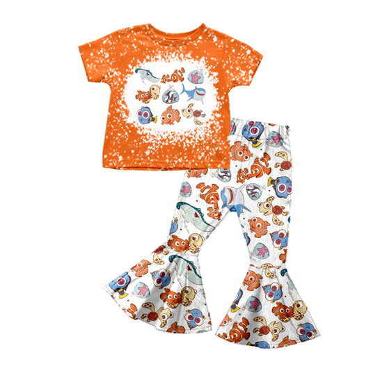 (Custom Design Preorder MOQ 5) Orange Cartoon Fish Bell Pants Girls Clothes Set