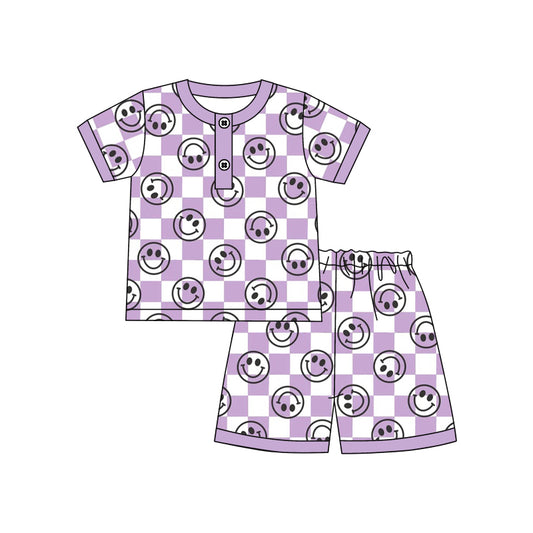 (Custom Design Preorder MOQ 5) Purple Plaid Smiling Face Print Girls Shorts Pajamas Clothes Set