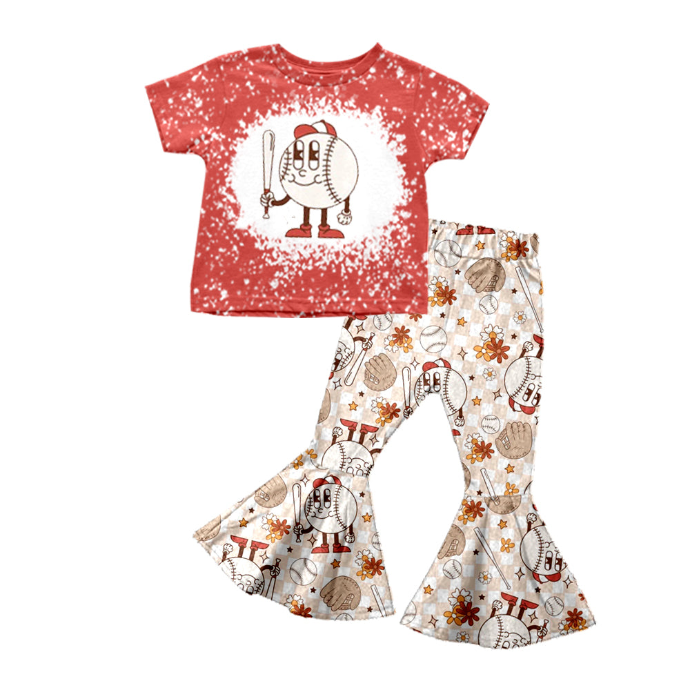 (Custom Design Preorder MOQ 5) Baseball Flowers Print Bell Pants Girls Clothes Set