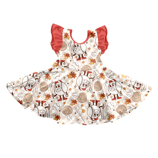 (Custom Design Preorder MOQ 5)  Flutter Sleeve Baseball Flowers Print Girls Knee Length Dress