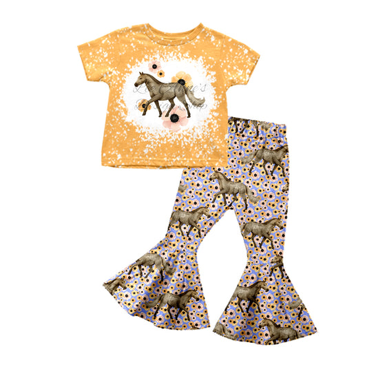 (Custom Design Preorder MOQ 5) Horse Flowers Print Bell Pants Girls Clothes Set