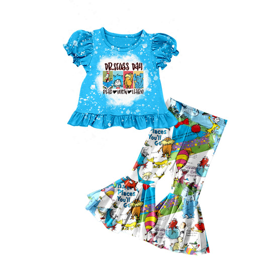 (Custom Design Preorder MOQ 5) Blue Dr.Reading Print Bell Pants Girls Clothes Set