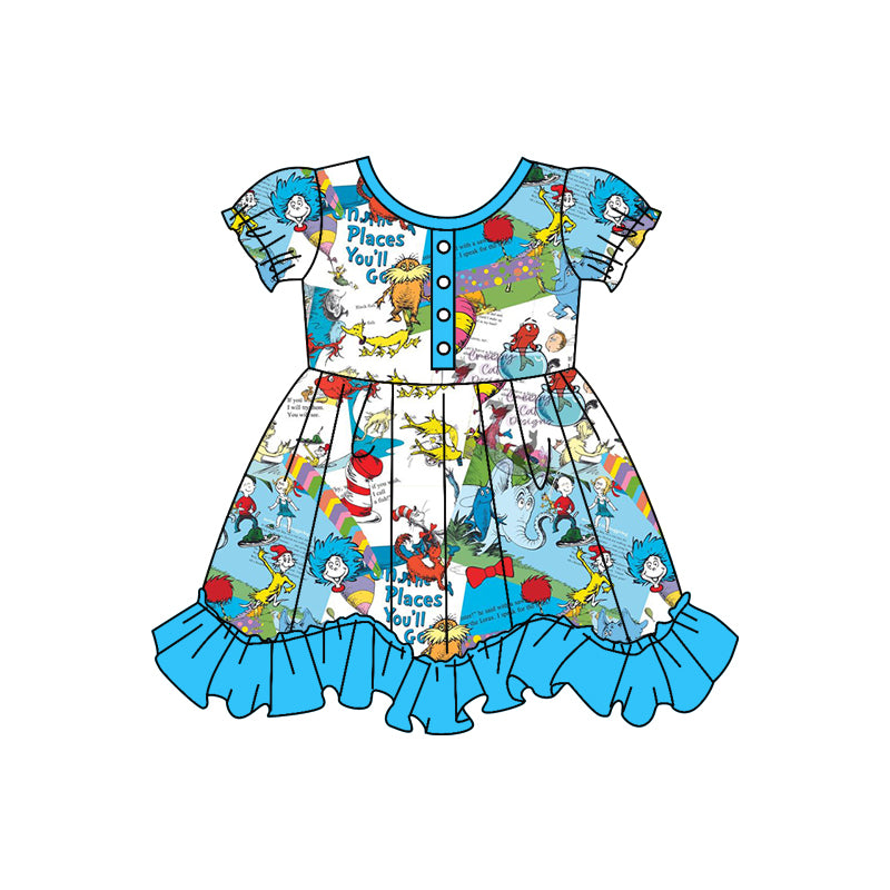 (Custom Design Preorder MOQ 5)  Blue Dr.Reading Print Girls Knee Length Dress