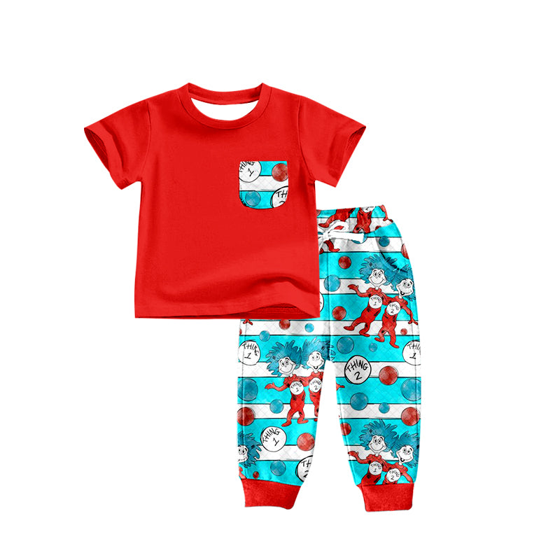 (Custom Design Preorder MOQ 5) Dr.Reading Print Red Pocket Top Boys Clothes Set