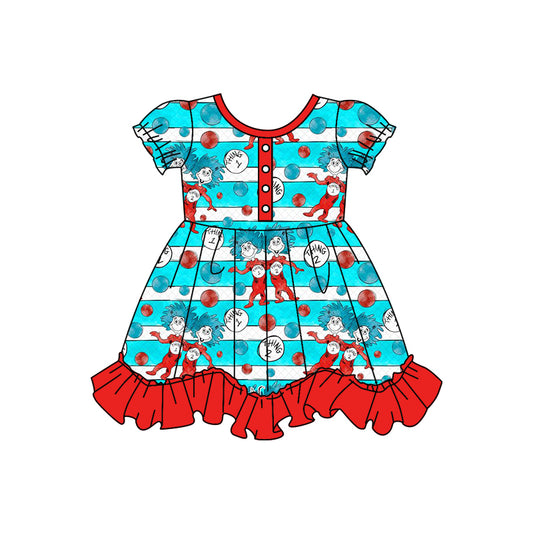 (Custom Design Preorder MOQ 5)  Red Ruffle Dr.Reading Print Girls Knee Length Dress