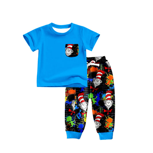 (Custom Design Preorder MOQ 5) Dr.Reading Print Pocket Blue Top Boys Clothes Set