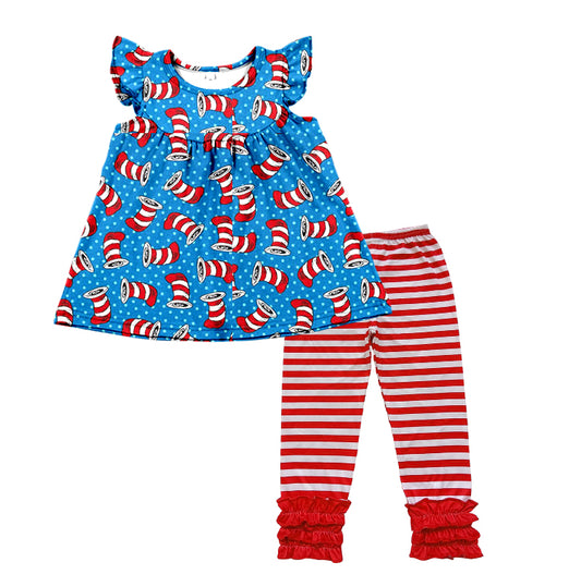 (Custom Design Preorder MOQ 5) Flutter Sleeve Blue Dr.Reading Hat Top Red Stripes Legging Pants Clothes Set