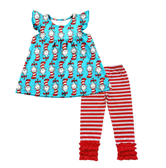 (Custom Design Preorder MOQ 5) Flutter Sleeve Blue Dr.Reading Cat Top Red Stripes Legging Pants Clothes Set