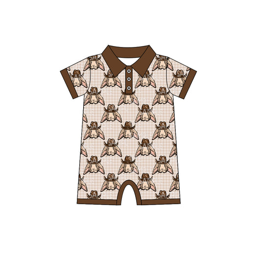 (Custom Design Preorder MOQ 5) Brown Cowboy Bunny Print Baby Boys Easter Romper