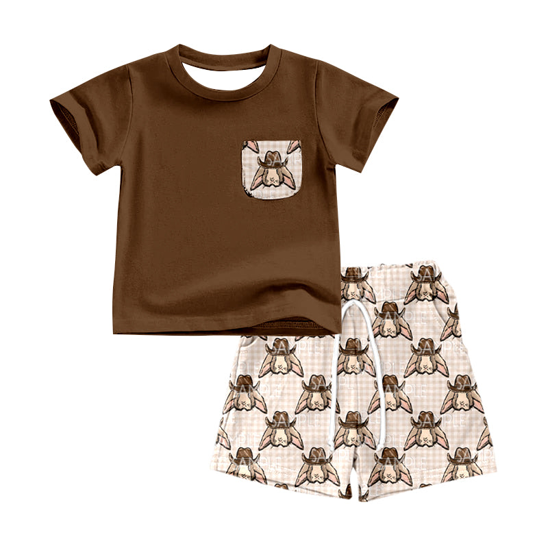 (Custom Design Preorder MOQ 5) Cowboy Bunny Print Pocket Brown Top Boys Shorts Easter Clothes Set