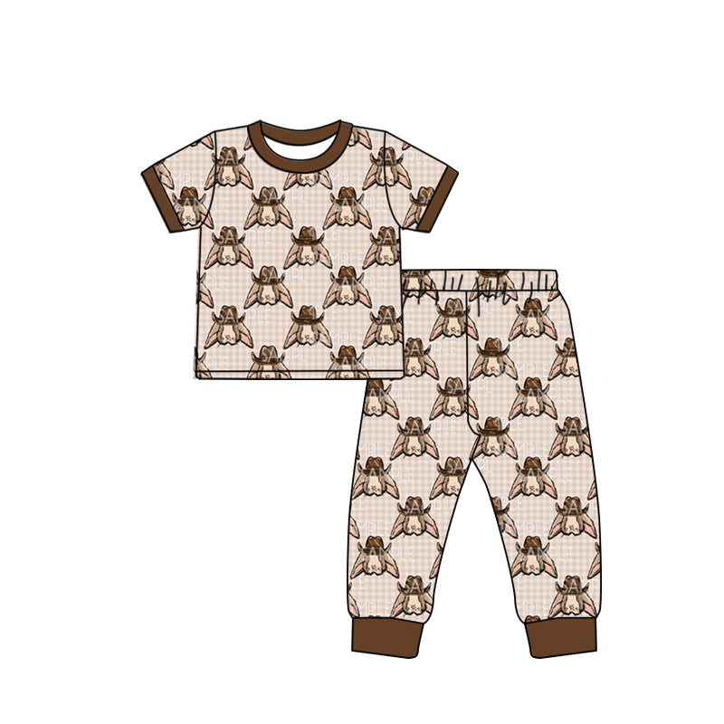 (Custom Design Preorder MOQ 5) Brown Cowboy Bunny Print Boys Pajamas Easter Clothes Set