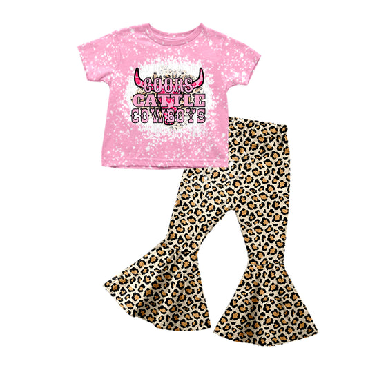 (Custom Design Preorder MOQ 5) Pink Cow Skull Top Leopard Bell Pants Girls Clothes Set