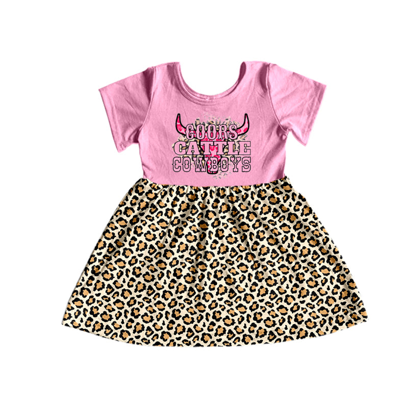 (Custom Design Preorder MOQ 5)  Pink Cow Skull Leopard Print Girls Knee Length Dress