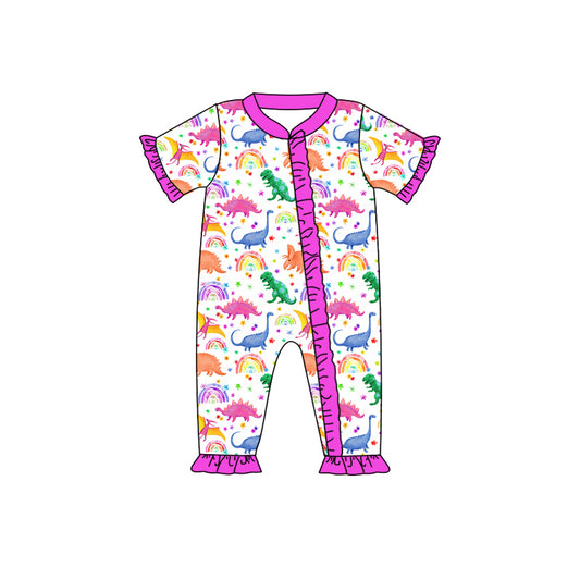 (Custom Design Preorder MOQ 5) Colorful Dino Print Baby Girls Zipper Romper