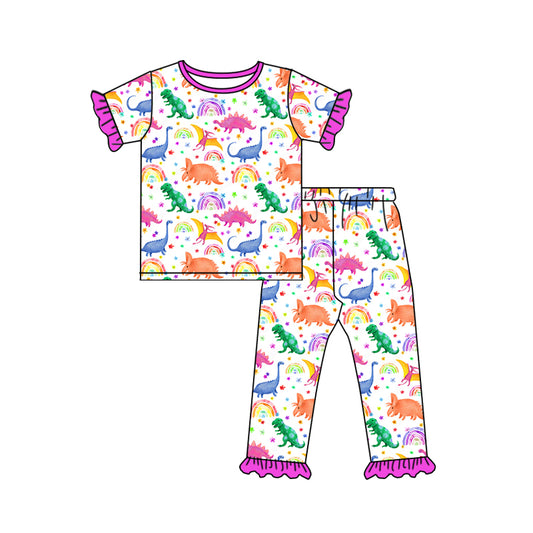 (Custom Design Preorder MOQ 5) Colorful Dino Print Girls Pajamas Clothes Set