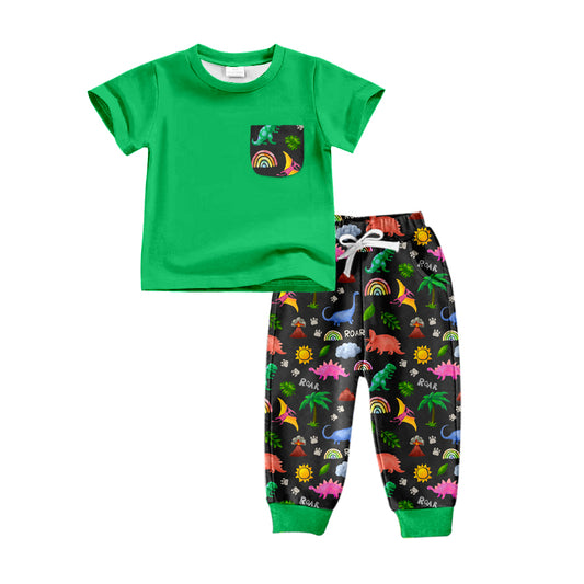 (Custom Design Preorder MOQ 5) Green Pocket Top Dino Print Boys Clothes Set