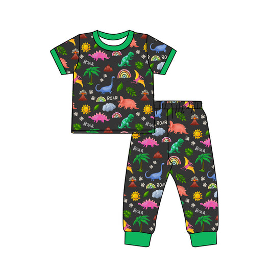 (Custom Design Preorder MOQ 5) Green Dino Print Boys Pajamas Clothes Set