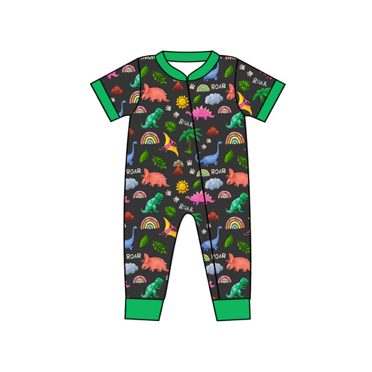 (Custom Design Preorder MOQ 5) Green Dino Print Baby Boys Zipper Romper