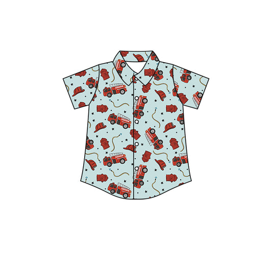 (Custom Design Preorder MOQ 5) Fire Engine Print Boys Buttons Tee Shirts Top