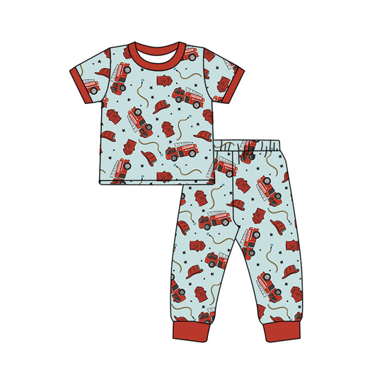 (Custom Design Preorder MOQ 5) Fire Engine Print Boys Pajamas Clothes Set
