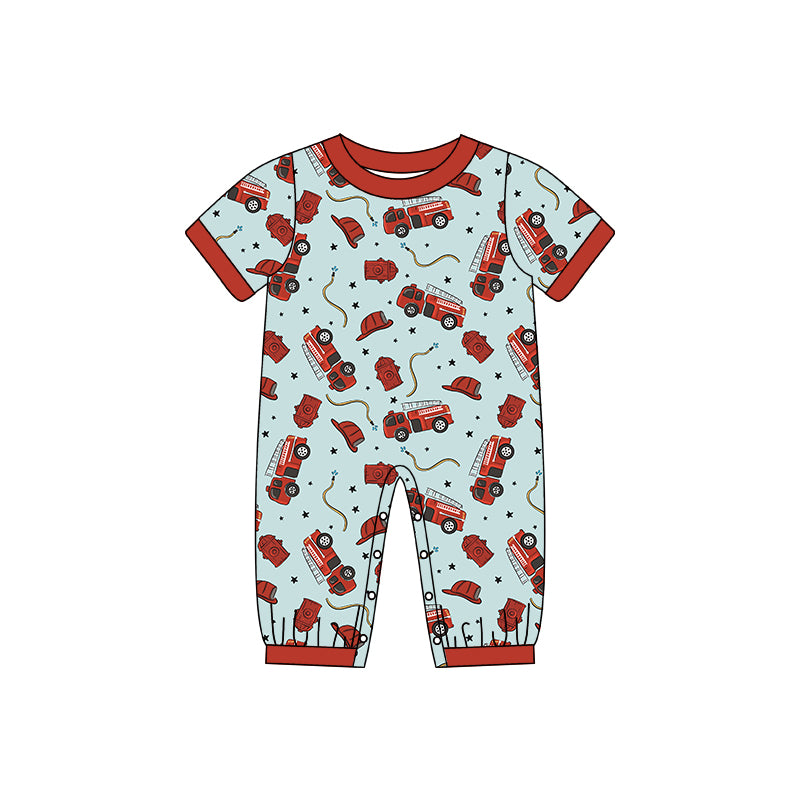 (Custom Design Preorder MOQ 5) Fire Engine Print Baby Boys Romper