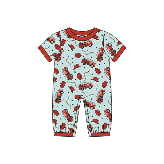 (Custom Design Preorder MOQ 5) Fire Engine Print Baby Boys Romper