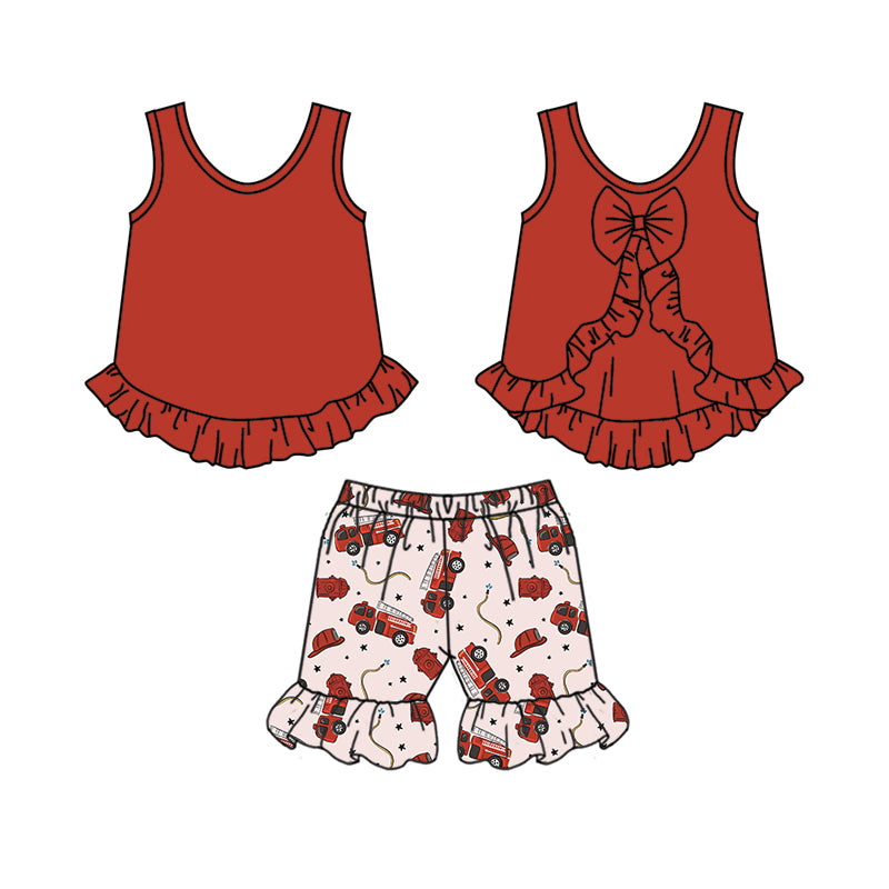 (Custom Design Preorder MOQ 5) Red Bow Top Fire Engine Print Shorts Girls Clothes Set