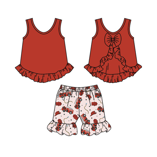 (Custom Design Preorder MOQ 5) Red Bow Top Fire Engine Print Shorts Girls Clothes Set