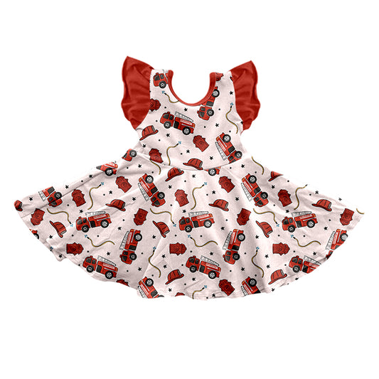 (Custom Design Preorder MOQ 5)  Fire Engine Print Girls Knee Length Dress