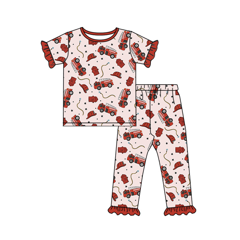 (Custom Design Preorder MOQ 5) Fire Engine Print Girls Pajamas Clothes Set