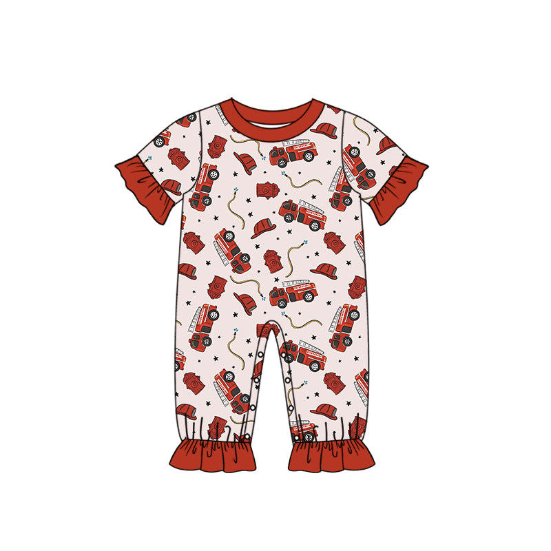 (Custom Design Preorder MOQ 5) Fire Engine Print Baby Girls Romper