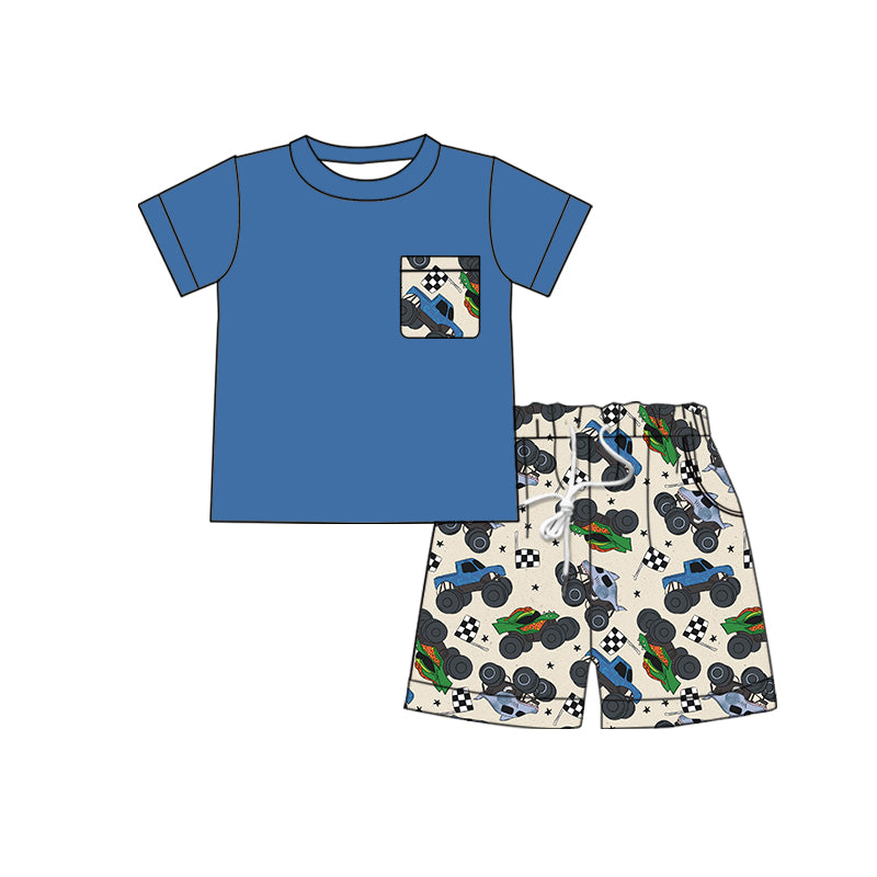 (Custom Design Preorder MOQ 5) Truck Print Pocket Blue Top Boys Shorts Clothes Set