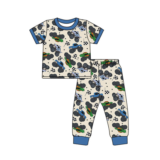 (Custom Design Preorder MOQ 5) Blue Truck Print Boys Pajamas Clothes Set