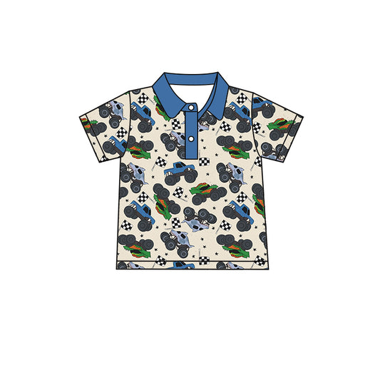 (Custom Design Preorder MOQ 5) Blue Truck Print Boys Polo Tee Shirts Top