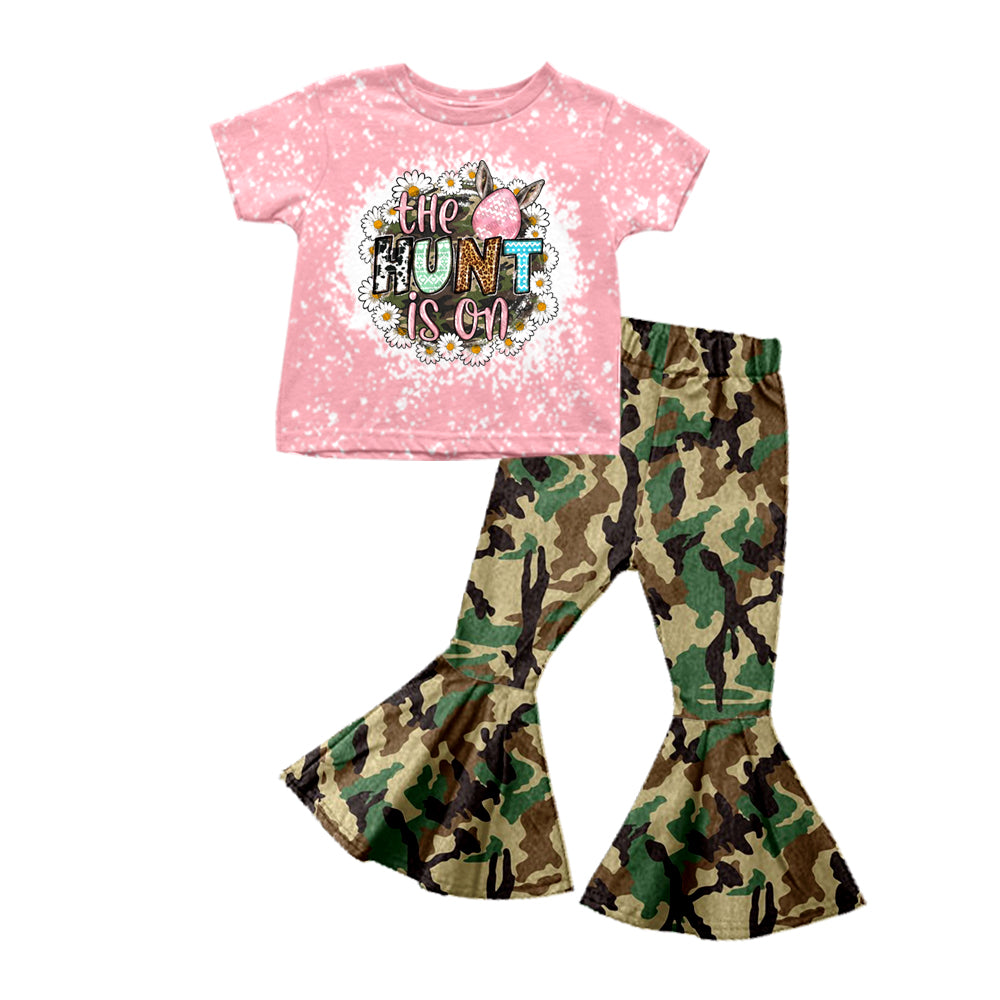 (Custom Design Preorder MOQ 5) Pink Bunny Top Camo Bell Pants Girls Easter Clothes Set
